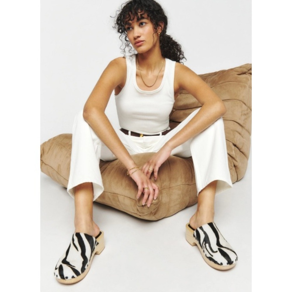 Reformation Zebra Print Cream and Black Clogs